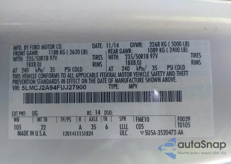 2015 Lincoln Mkc z USA, uszkodzony, nr VIN 5LMCJ2A94FUJ27900